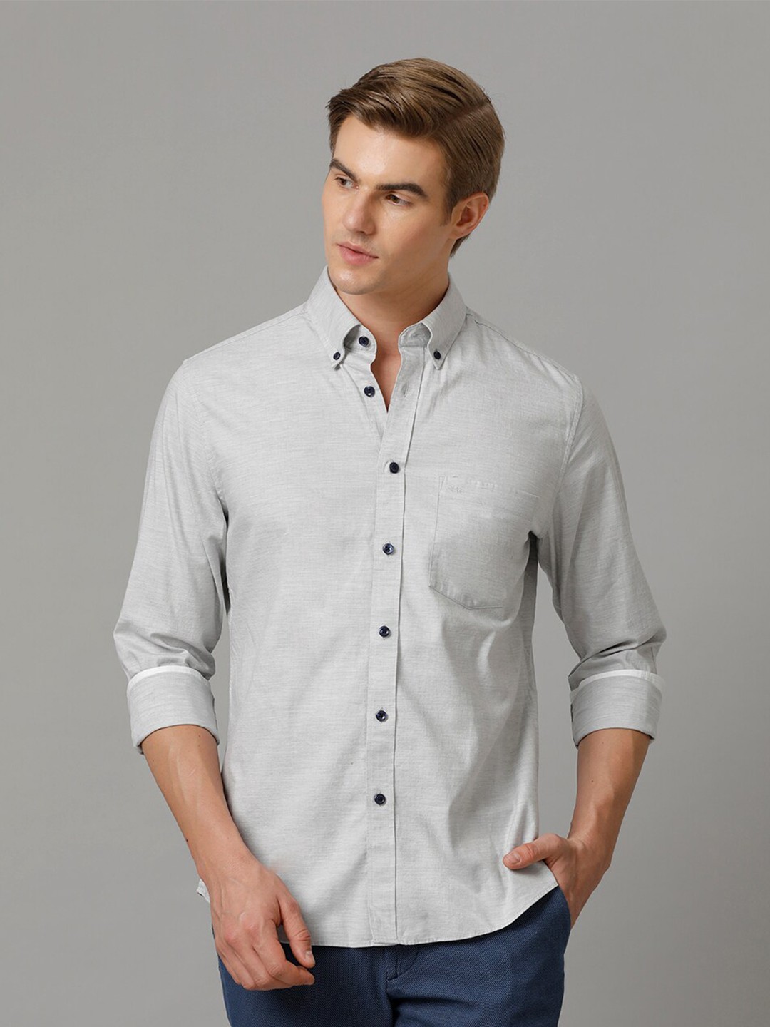 

Aldeno Button-Down Collar Slim Fit Opaque Pure Linen Casual Shirt, Grey