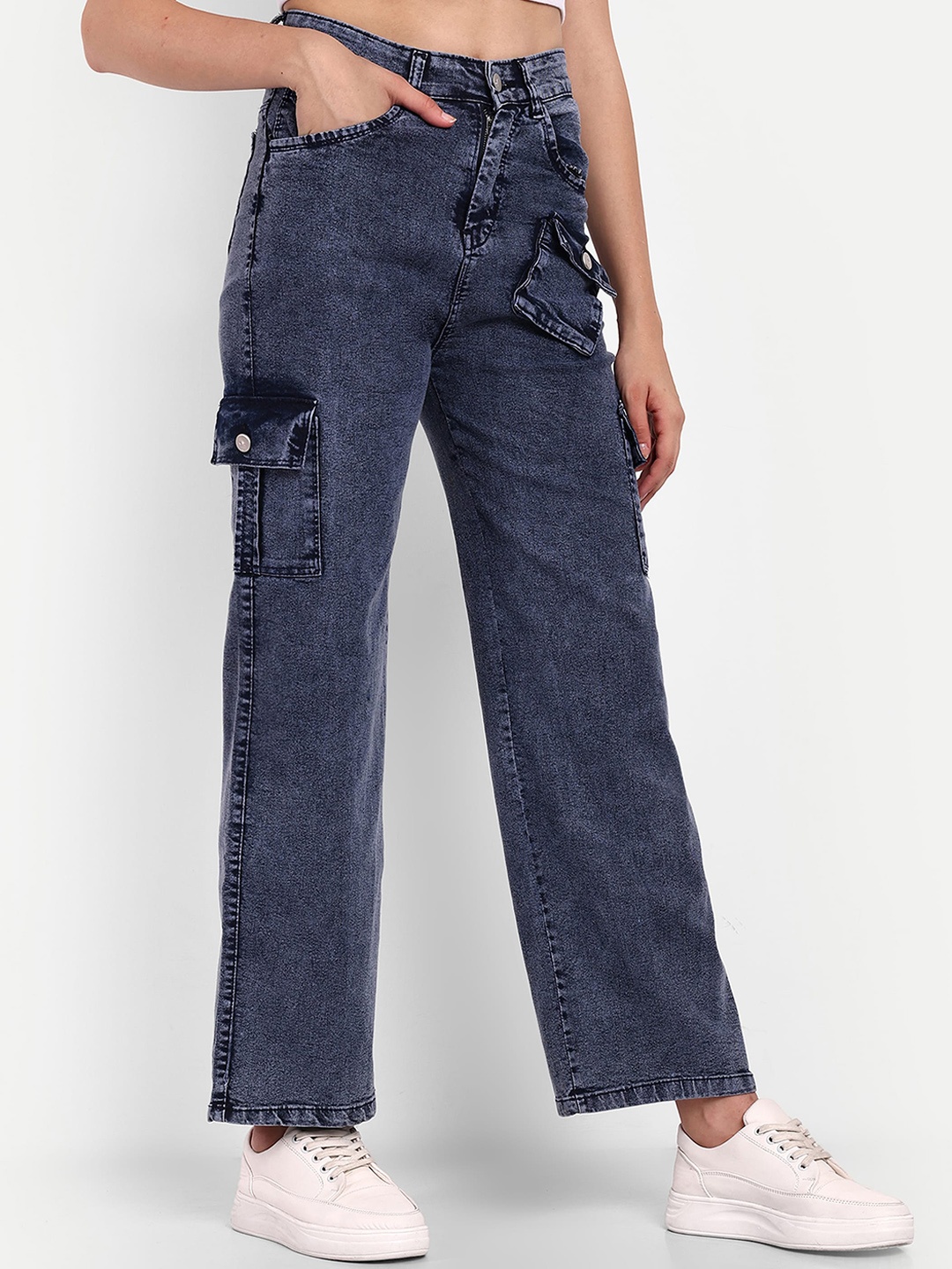 

Next One Women Smart High-Rise Light Fade Stretchable Cargo Jeans, Navy blue