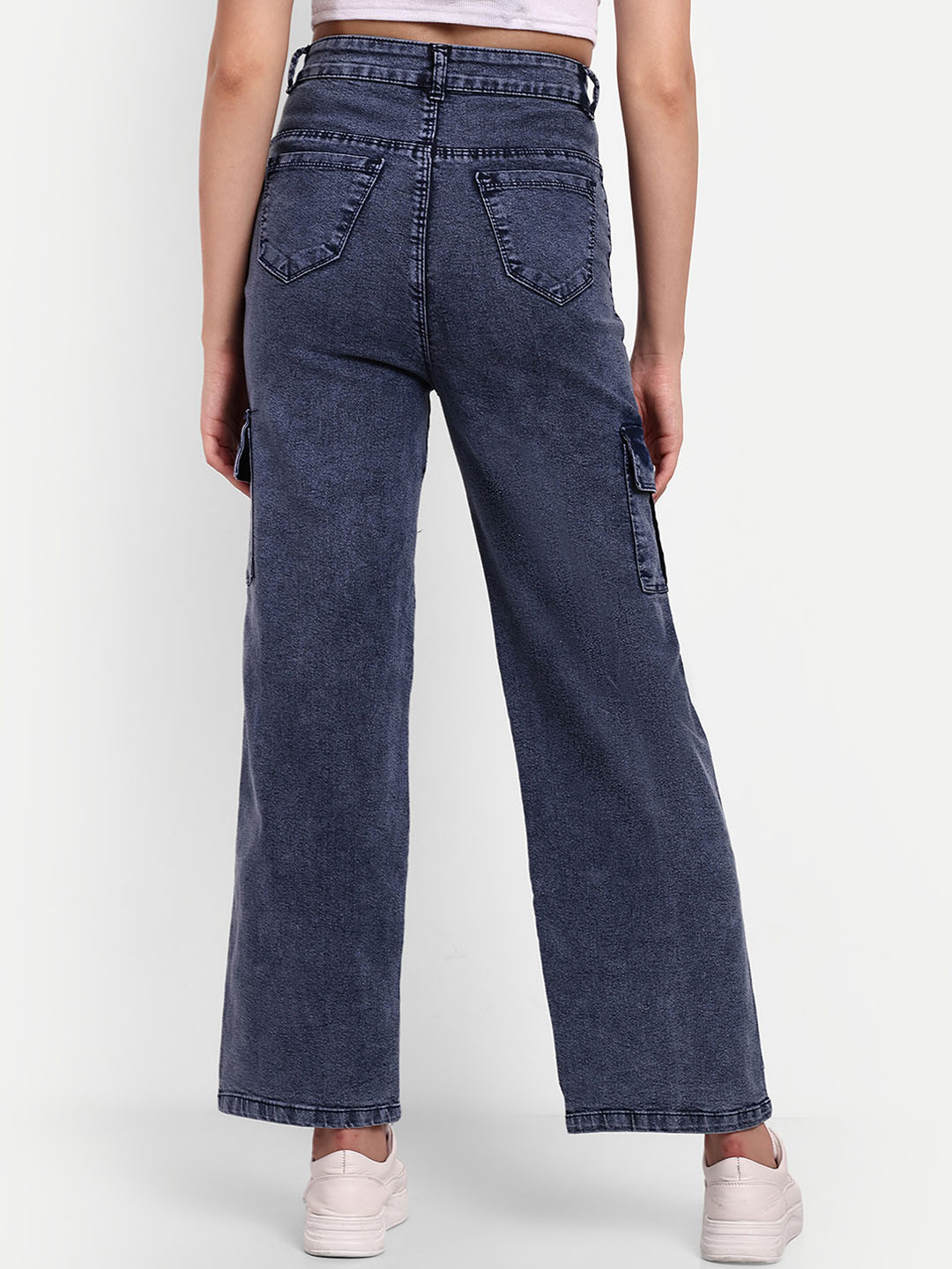 

Next One Women Smart High-Rise Light Fade Stretchable Cargo Jeans, Navy blue