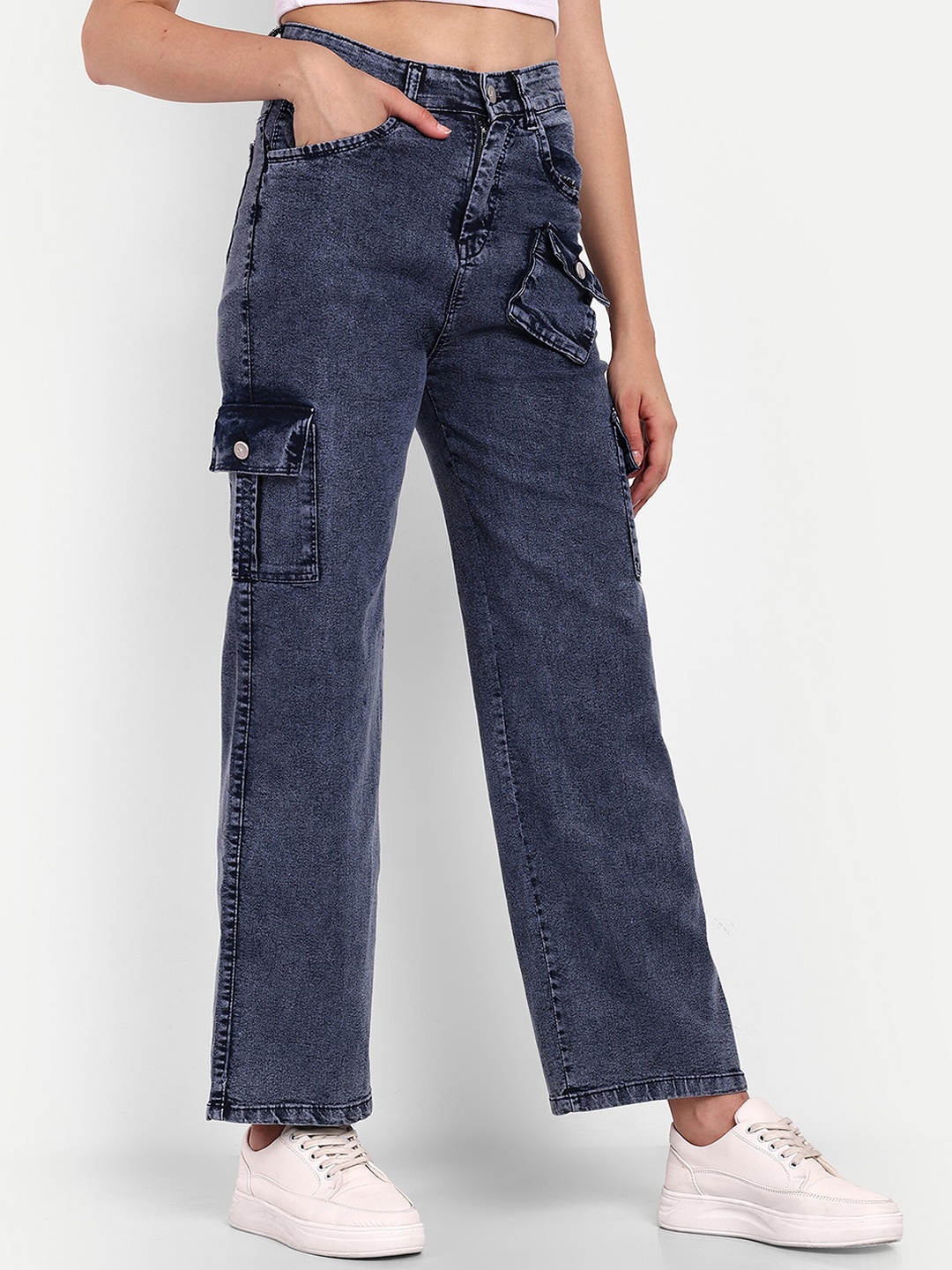 

Next One Women Smart High-Rise Light Fade Stretchable Cargo Jeans, Navy blue