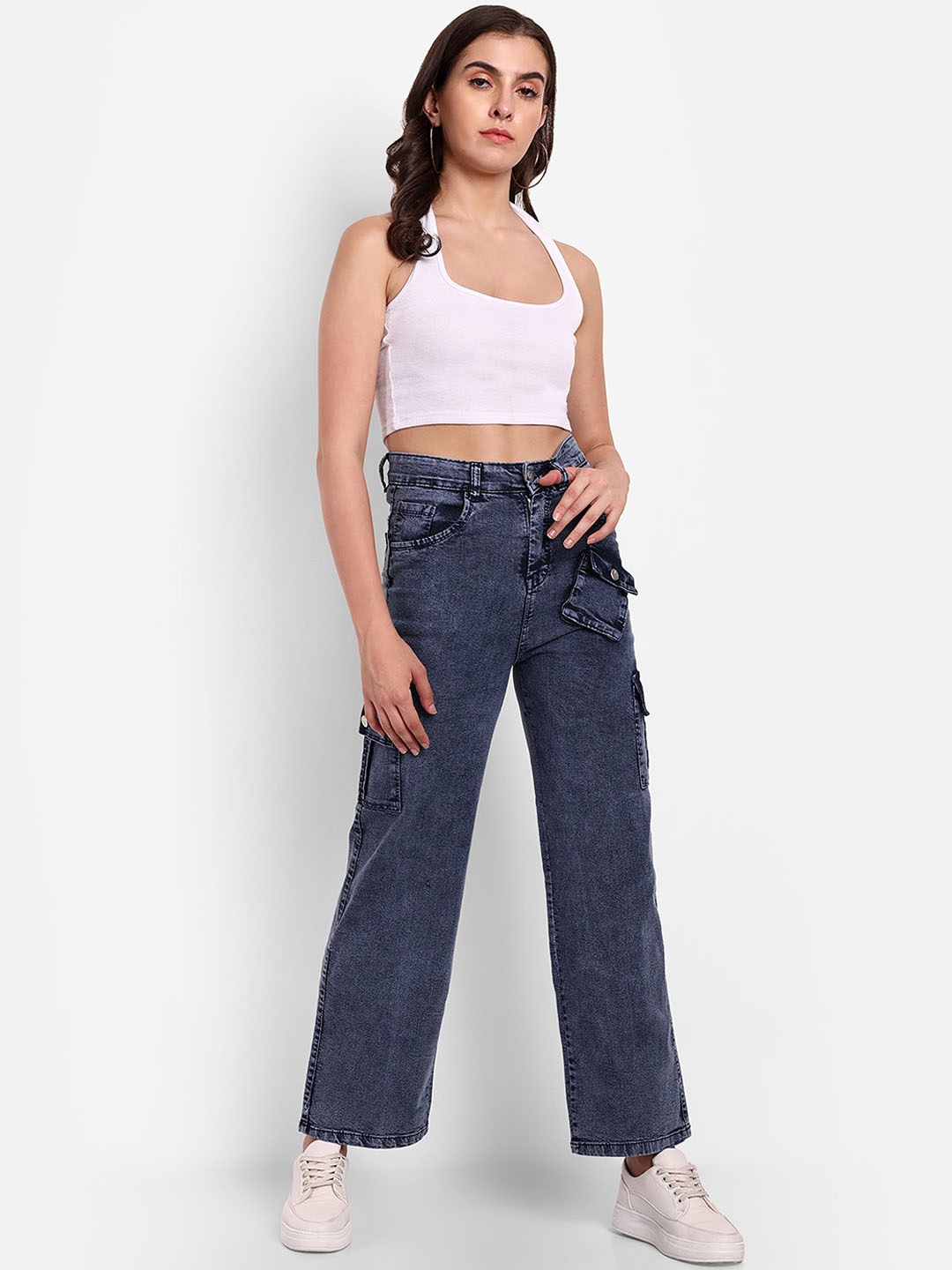 

Next One Women Smart High-Rise Light Fade Stretchable Cargo Jeans, Navy blue