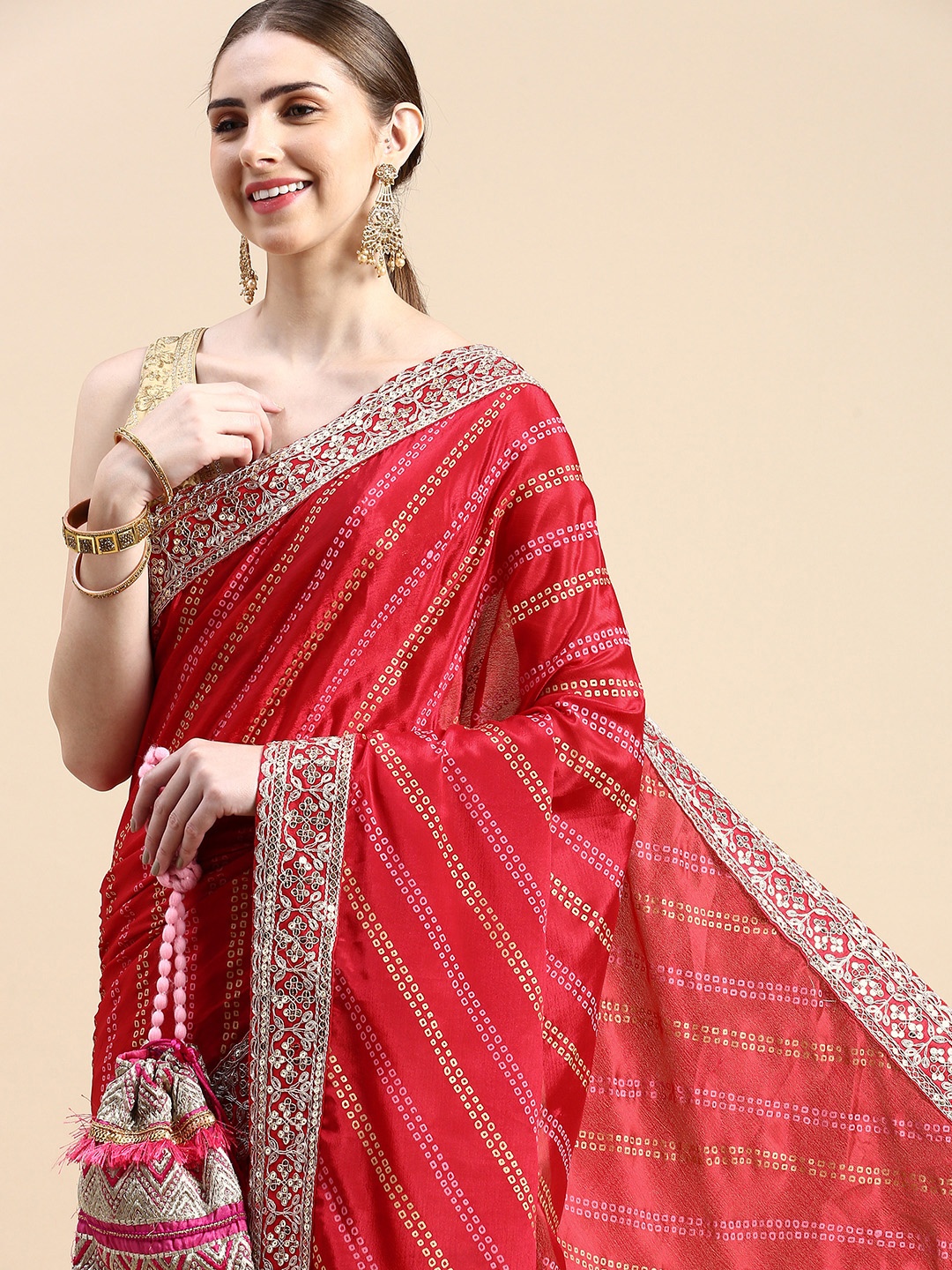 

VASTRANAND Leheriya Zari Poly Chiffon Bandhani Saree, Red