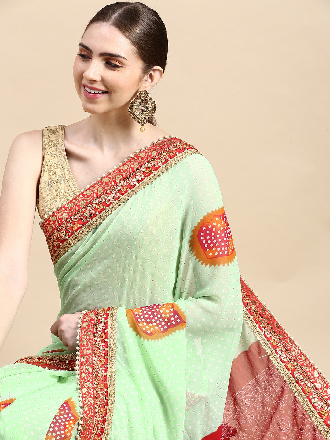 VASTRANAND Gotta Patti Poly Georgette Bandhani Saree, Sea green