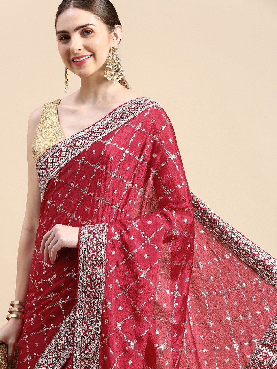 

VASTRANAND Sequinned Poly Chiffon Bandhani Saree, Pink