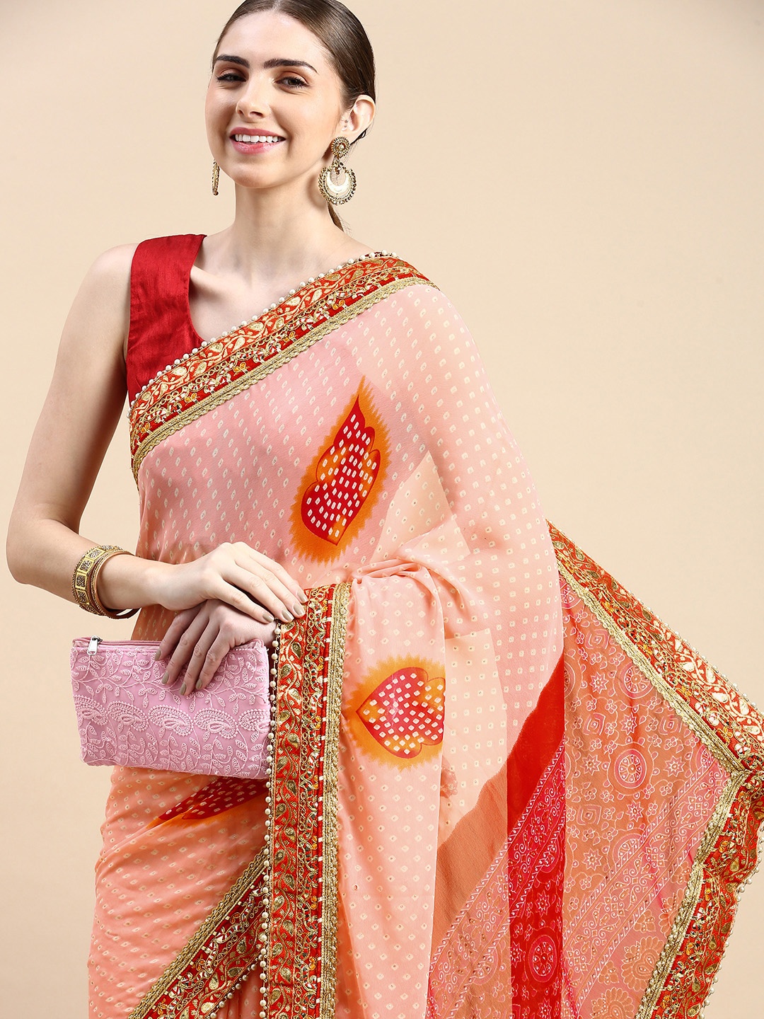 

VASTRANAND Gotta Patti Poly Georgette Bandhani Saree, Pink