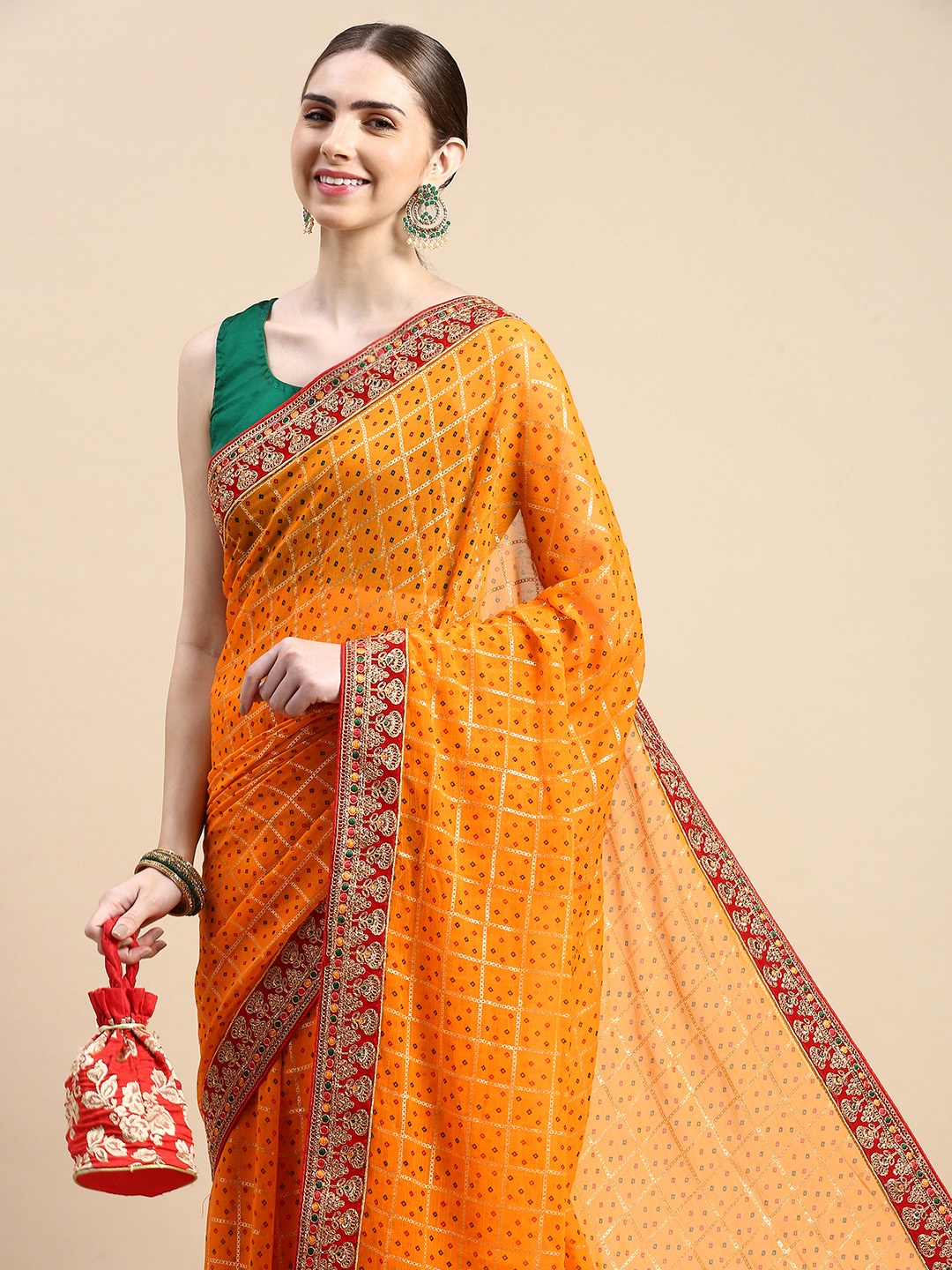 

VASTRANAND Zari Poly Georgette Bandhani Saree, Yellow
