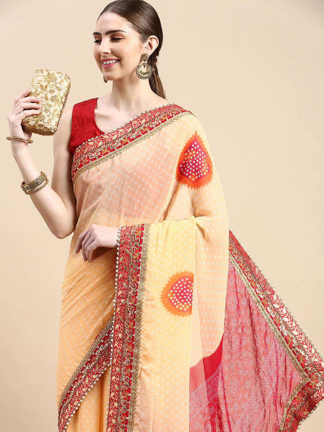 

VASTRANAND Gotta Patti Poly Georgette Bandhani Saree, Beige