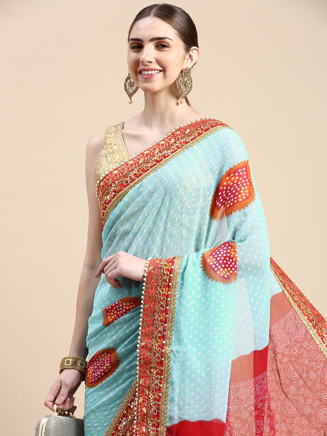 

VASTRANAND Gotta Patti Poly Georgette Bandhani Saree, Turquoise blue