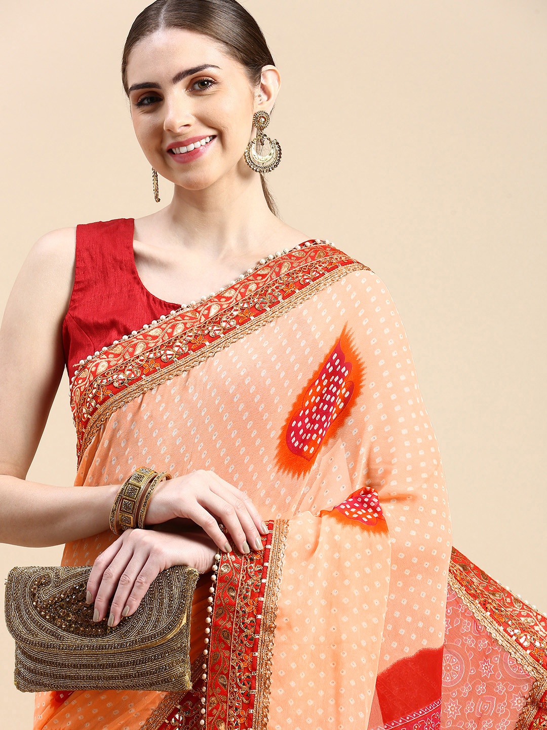 

VASTRANAND Zari Poly Georgette Bandhani Saree, Peach