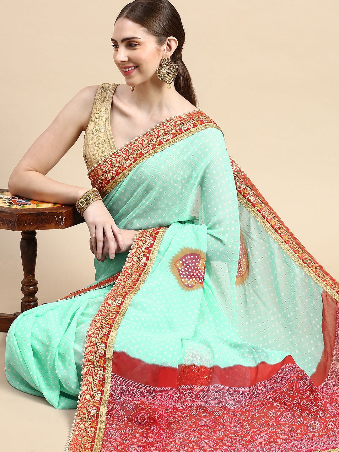 

VASTRANAND Gotta Patti Poly Georgette Bandhani Saree, Turquoise blue