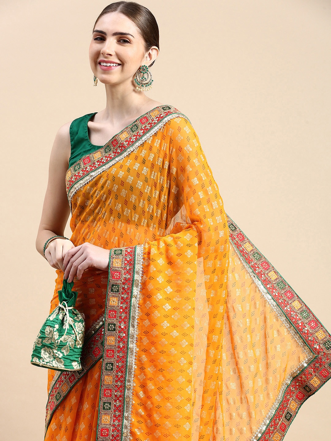 

VASTRANAND Ethnic Motifs Sequinned Poly Georgette Bandhani Saree, Yellow