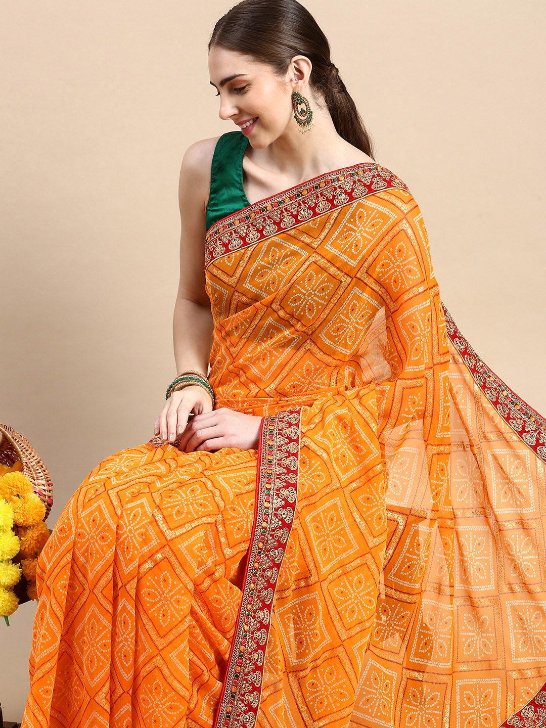 

VASTRANAND Sequinned Poly Georgette Bandhani Saree, Yellow