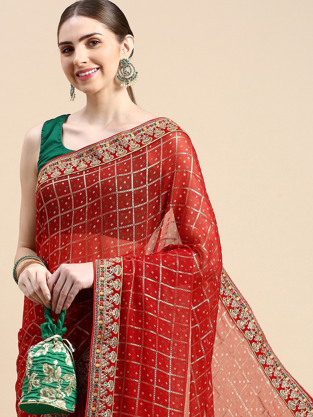 

VASTRANAND Sequinned Poly Georgette Bandhani Saree, Red