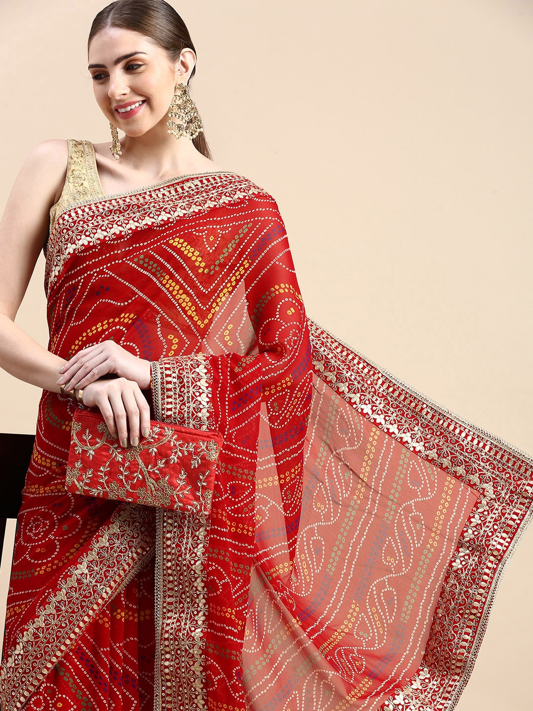 

VASTRANAND Sequinned Poly Georgette Bandhani Saree, Red