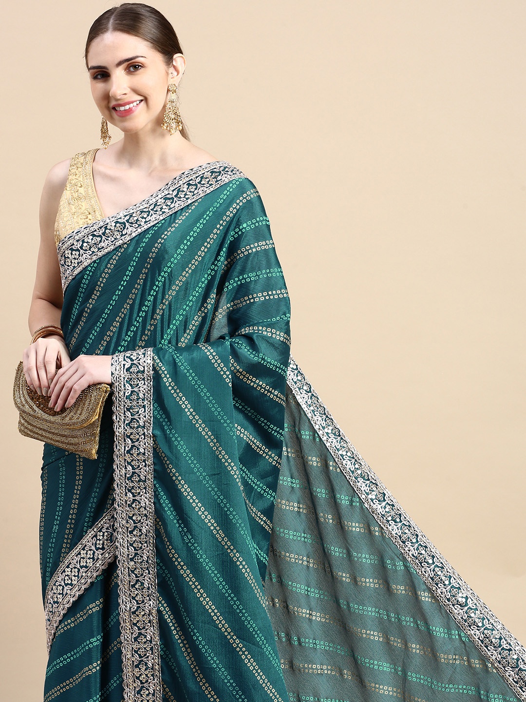

VASTRANAND Sequinned Poly Chiffon Bandhani Saree, Turquoise blue