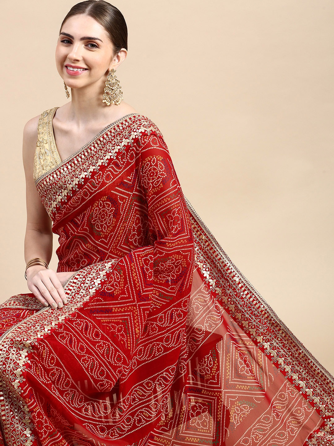 

VASTRANAND Sequinned Poly Georgette Bandhani Saree, Red