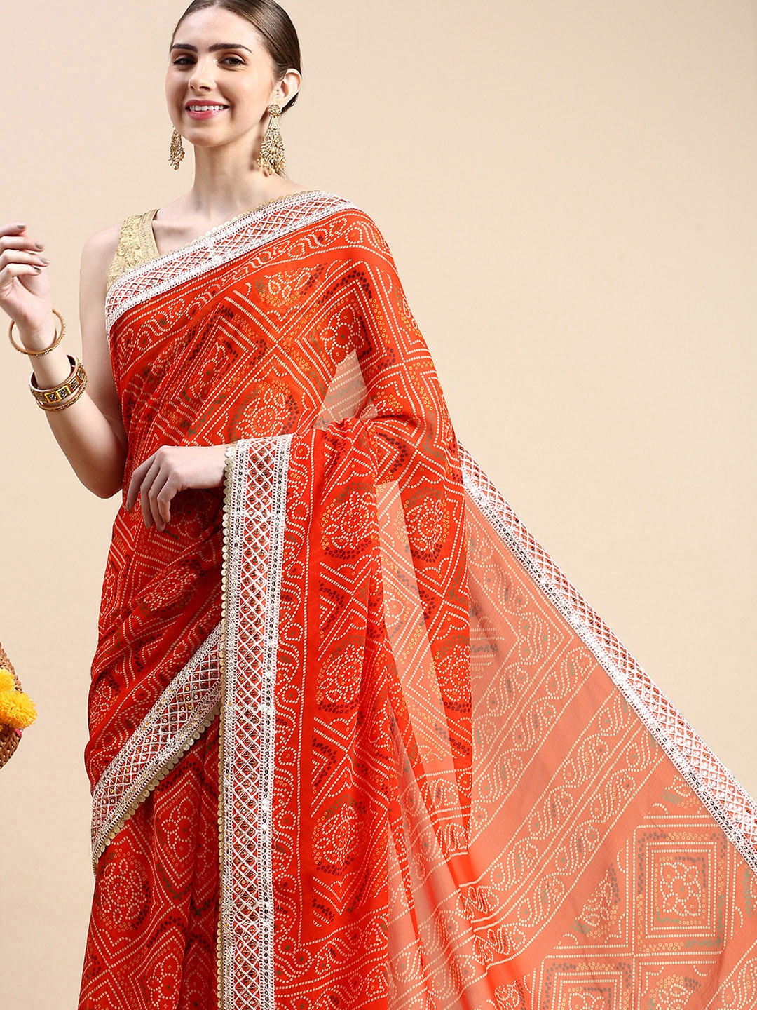 

VASTRANAND Sequinned Poly Georgette Bandhani Saree, Orange