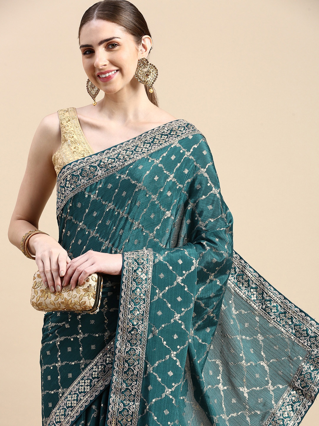 

VASTRANAND Sequinned Poly Chiffon Bandhani Saree, Teal