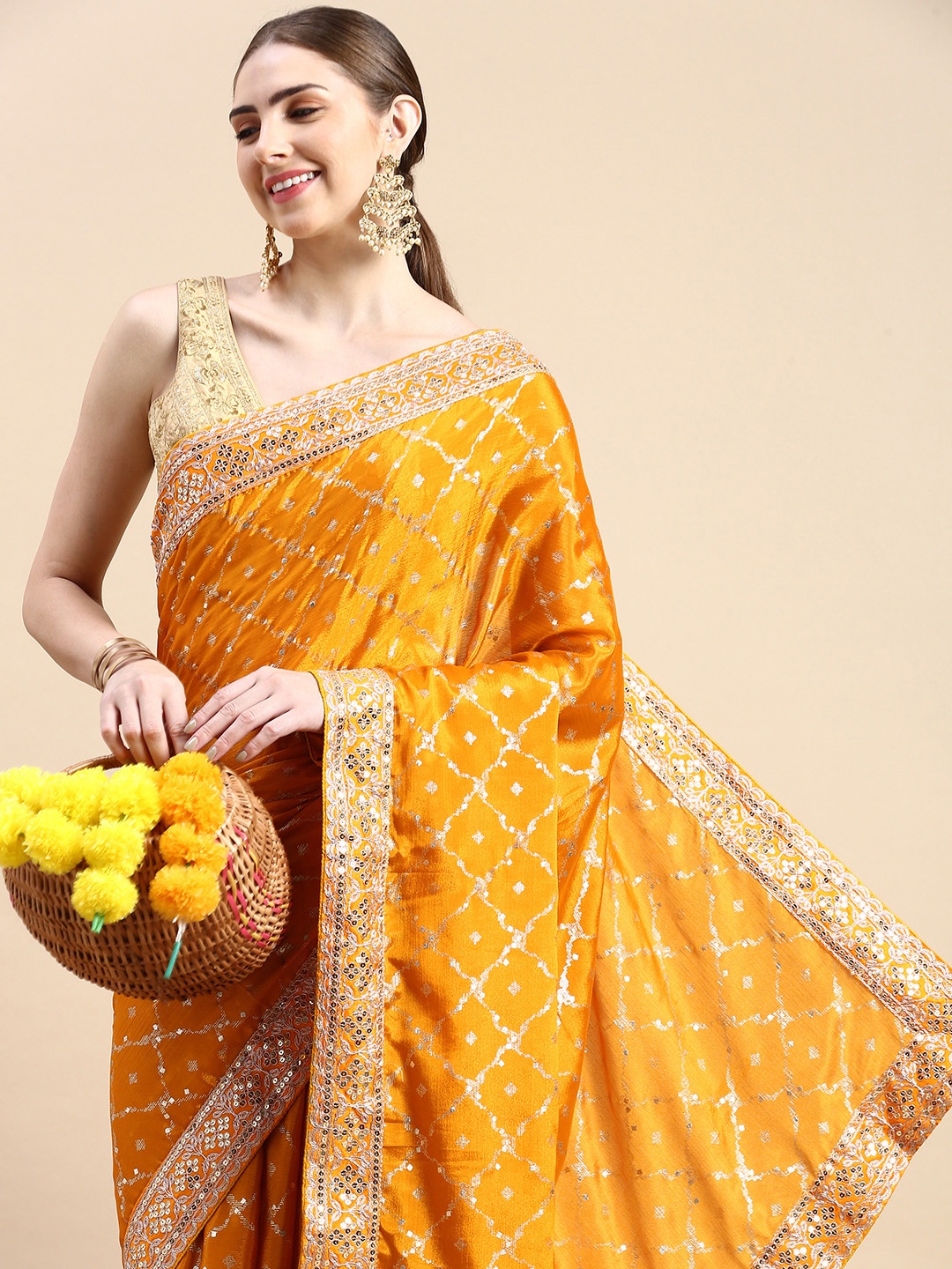 

VASTRANAND Sequinned Poly Chiffon Bandhani Saree, Yellow