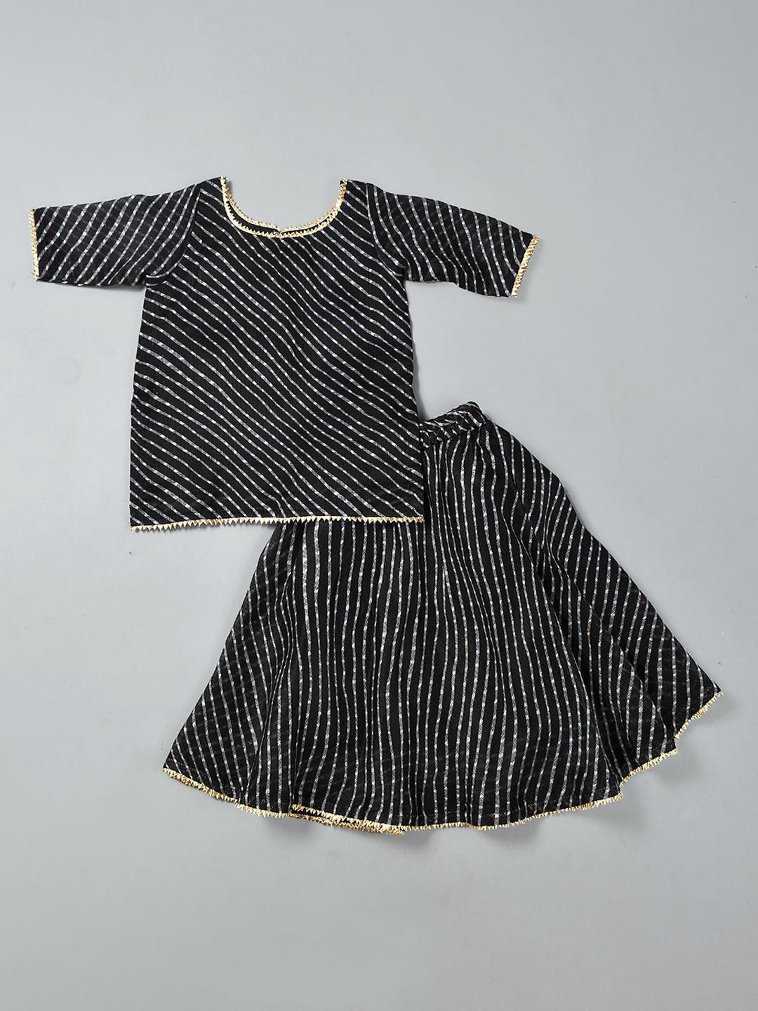 

Rangpur Girls Striped Gotta Patti Pure Cotton Kurta with Skirt, Black