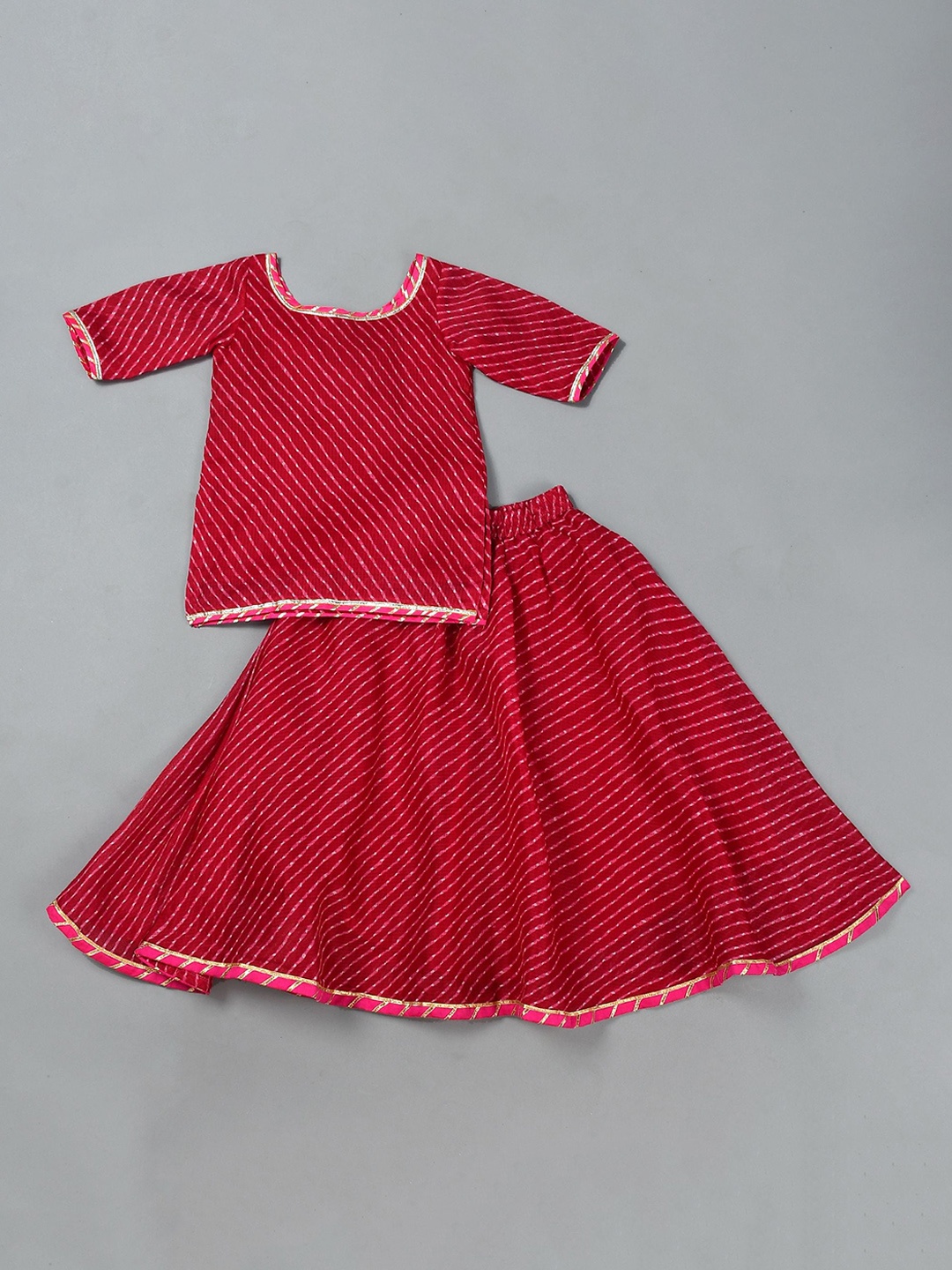 

Rangpur Girls Embroidered Leheriya Regular Gotta Patti Pure Cotton Kurti with Skirt, Magenta