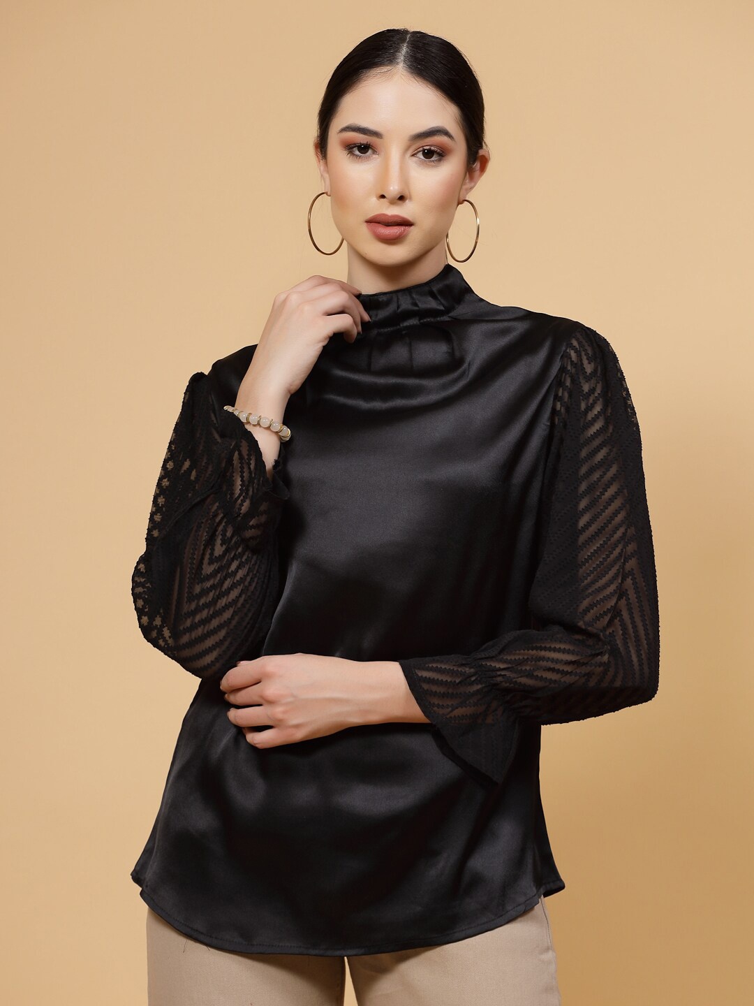 

MISS AYSE High Neck Satin Top, Black