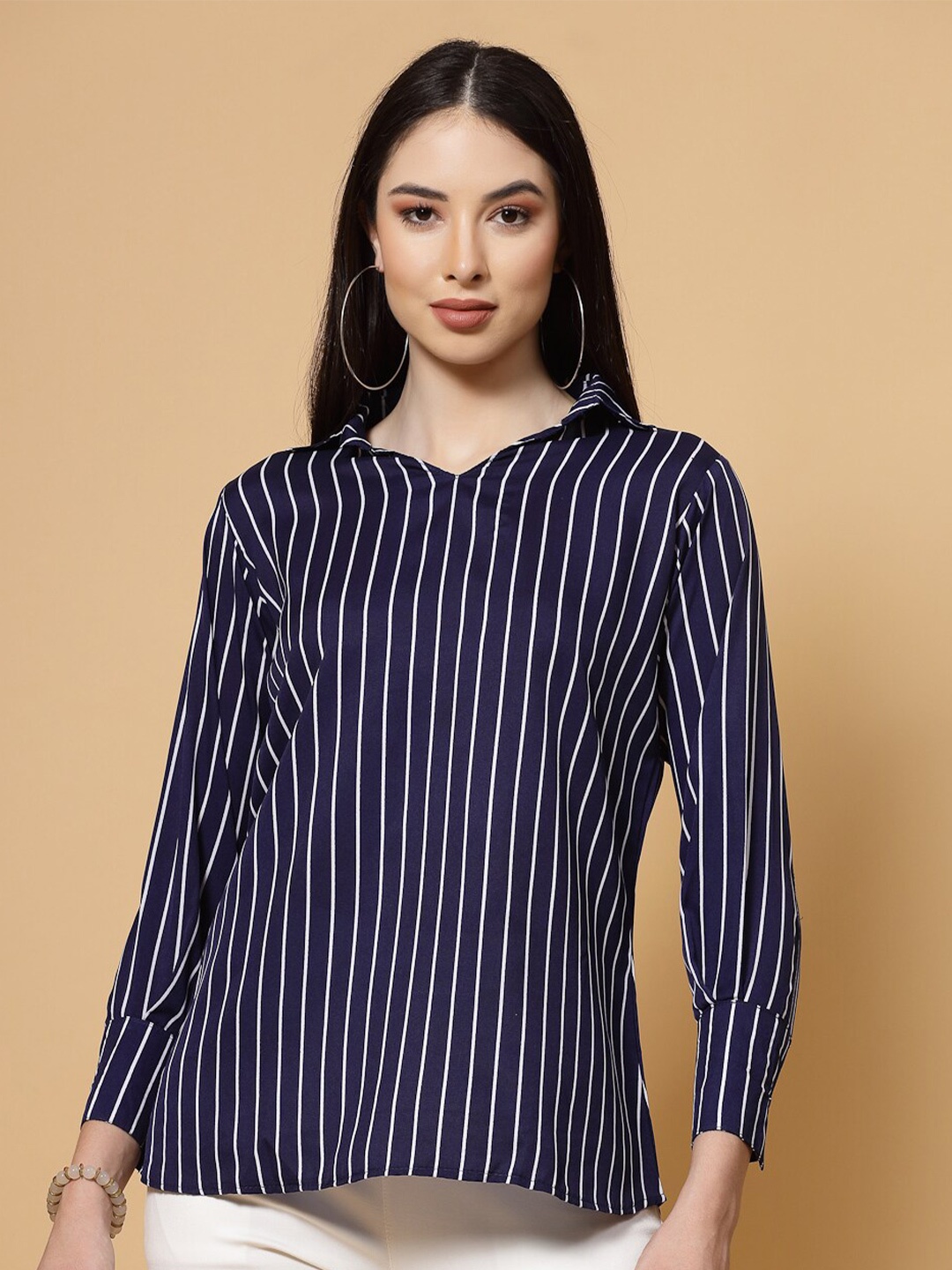 

MISS AYSE Striped Shirt Collar Regular Top, Navy blue