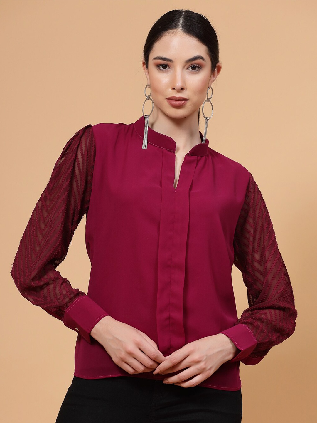 

MISS AYSE Mandarin Collar Georgette Top, Maroon