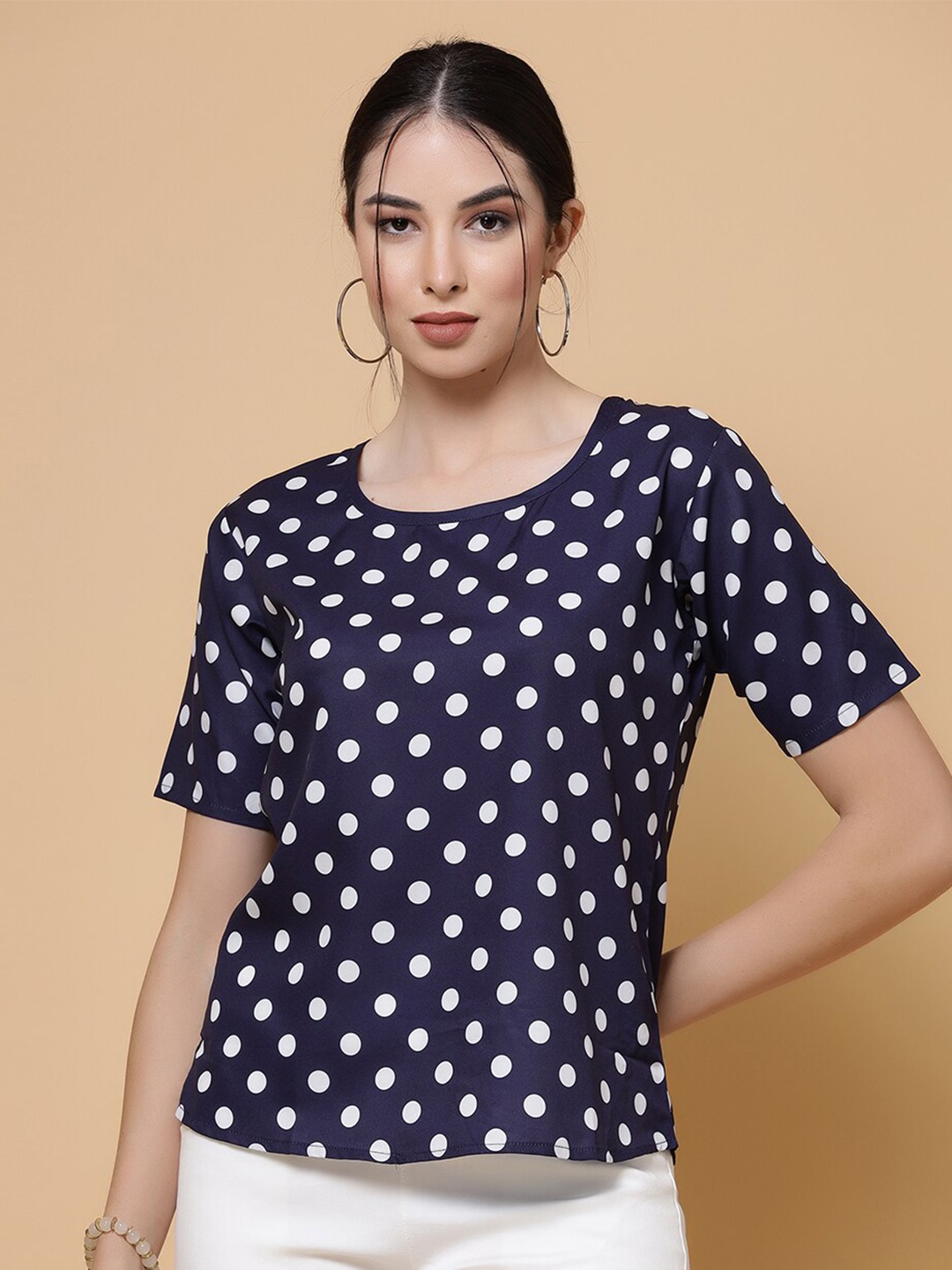 

MISS AYSE Polka Dot Printed Crepe Top, Navy blue