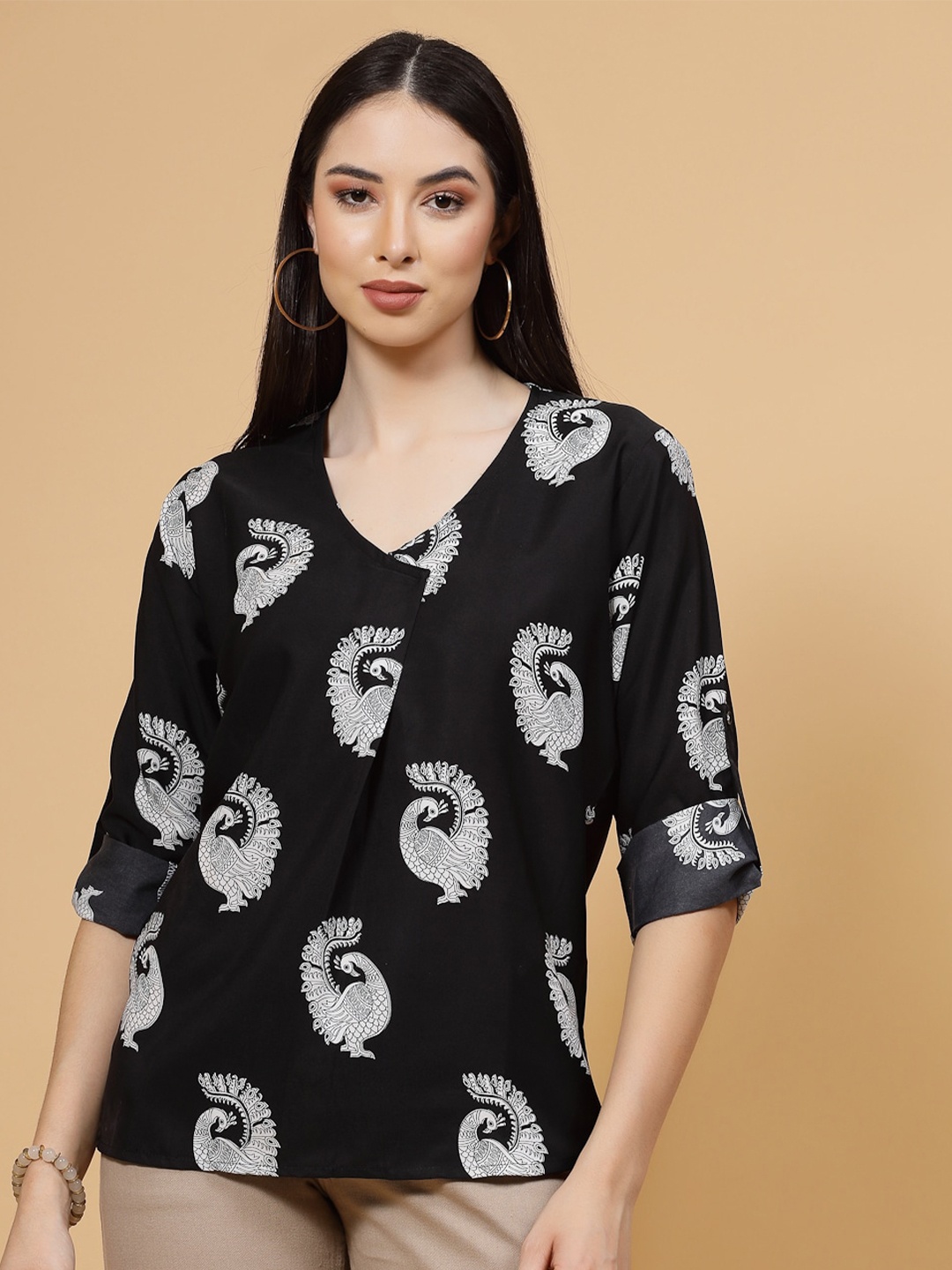 

MISS AYSE V-Neck Print Crepe Top, Black
