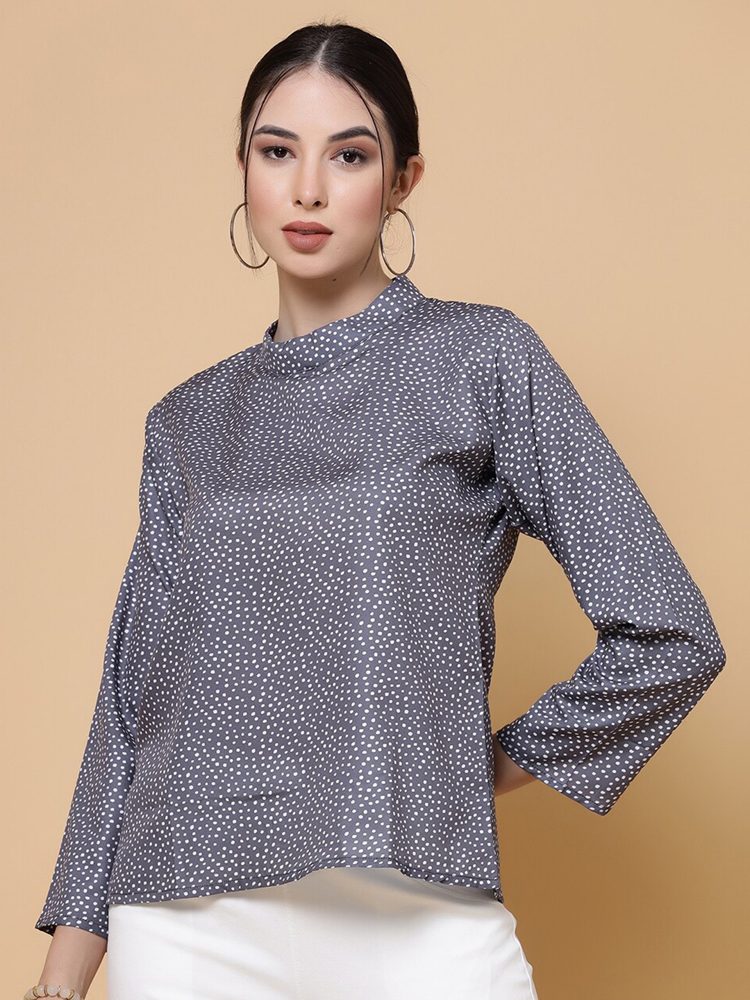 

MISS AYSE Printed High Neck Crepe Top, Grey