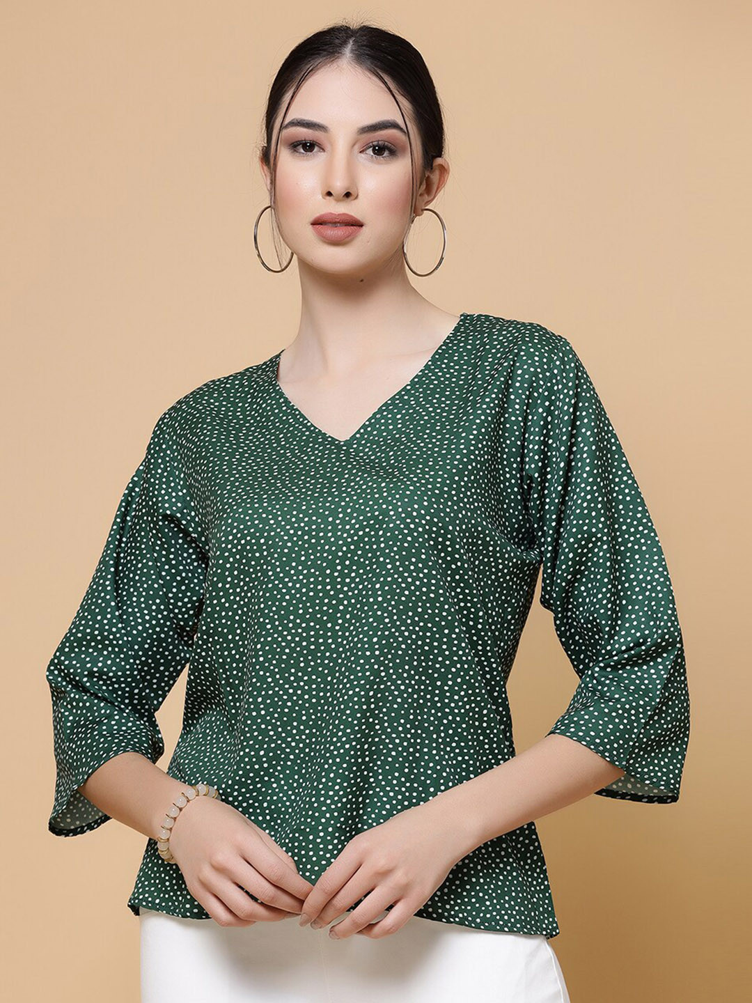 

MISS AYSE Polka Dots Printed V-Neck Crepe Top, Green