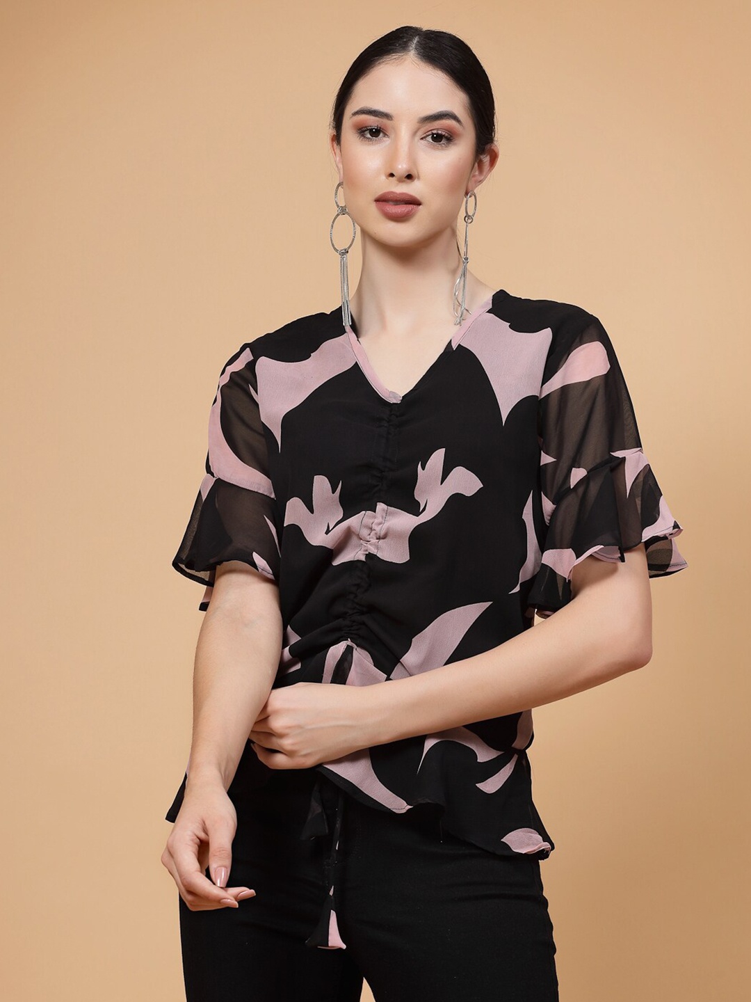 

MISS AYSE Abstract Printed Ruched Georgette Top, Black