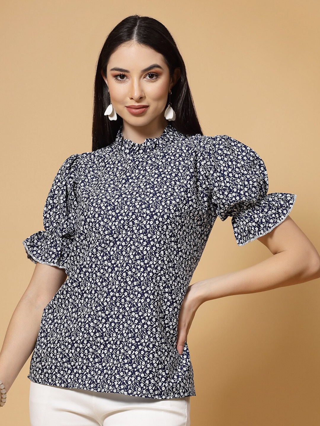 

MISS AYSE Floral Printed Puff Sleeves Crepe Top, Blue