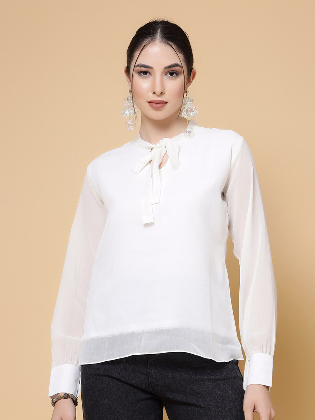 

MISS AYSE Tie-Up Neck Georgette Top, White