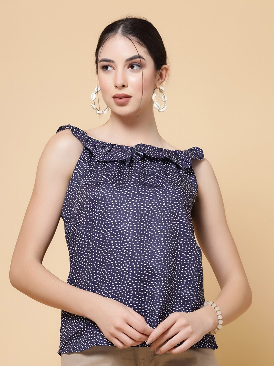 

MISS AYSE Polka Dots Printed Crepe Top, Navy blue