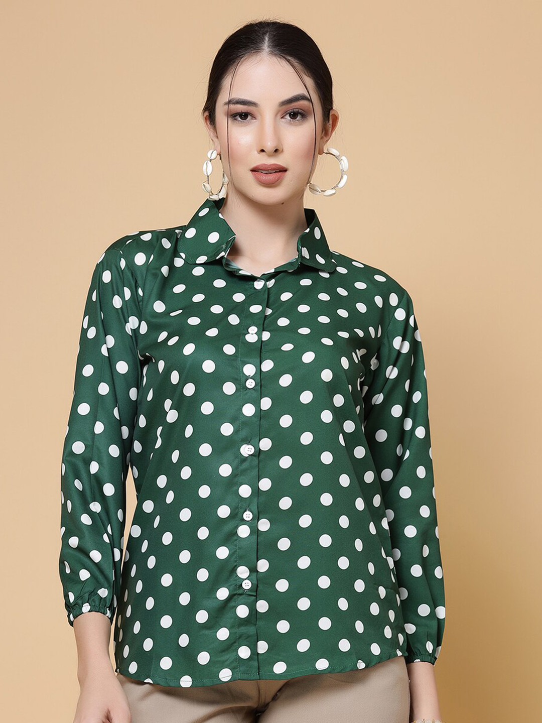 

MISS AYSE Polka Dot Printed Crepe Shirt Style Top, Green