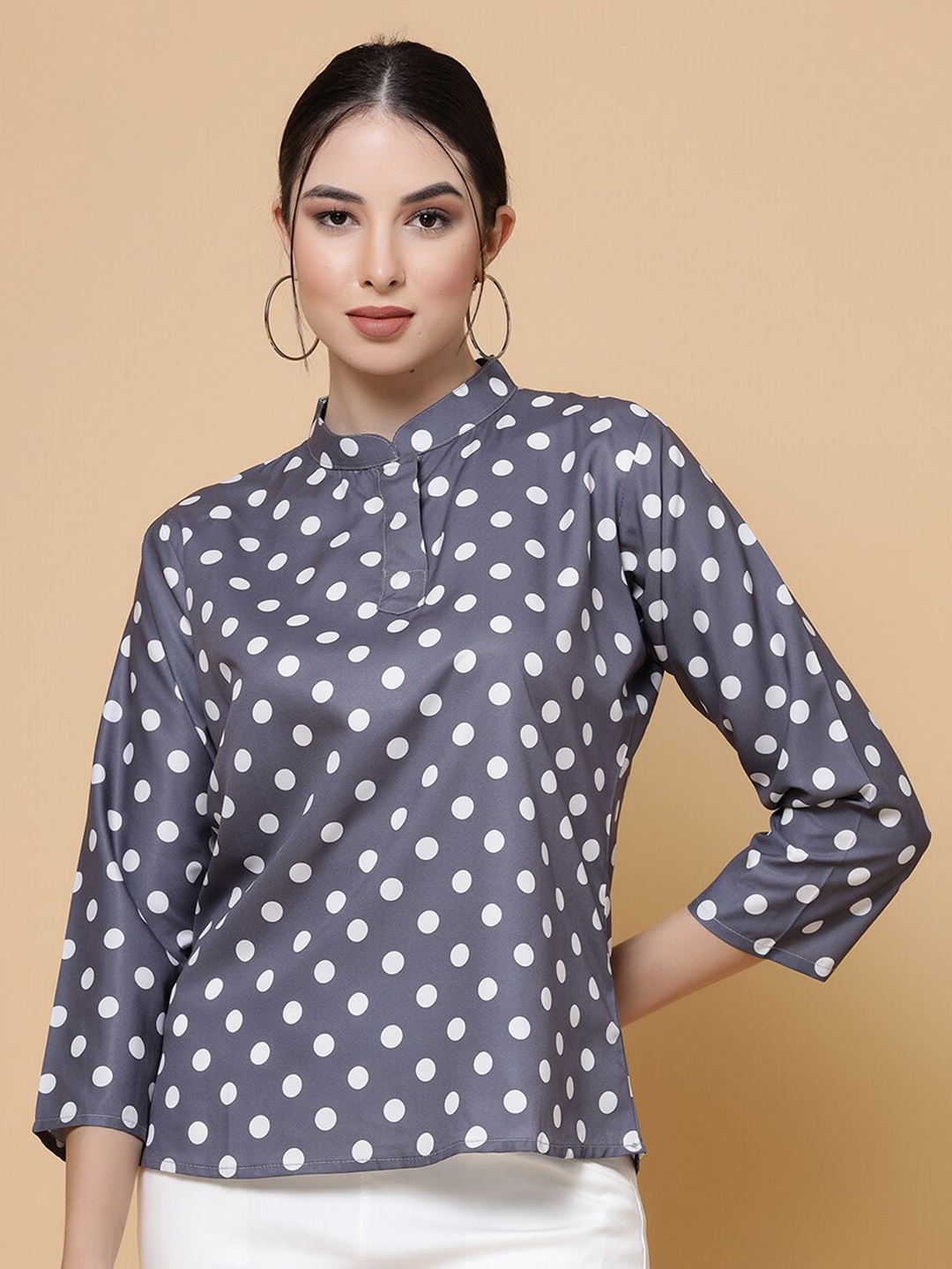 

MISS AYSE Polka Dots Printed Crepe Top, Grey