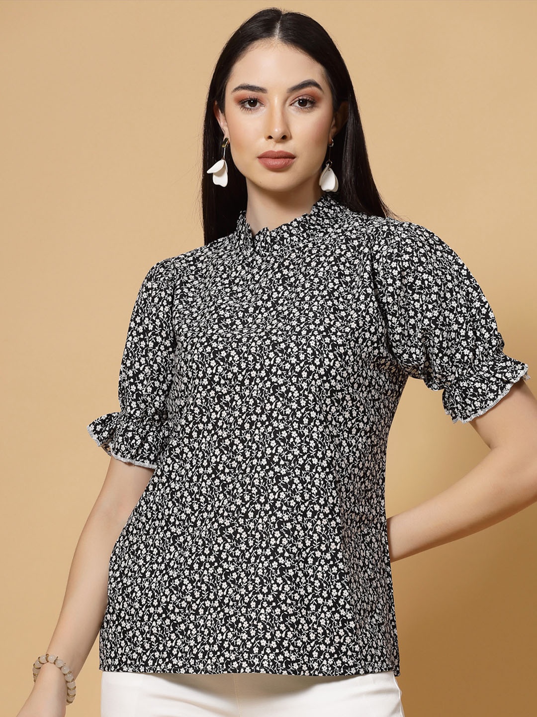 

MISS AYSE Floral Printed High Neck Puff Sleeves Ruffles Top, Black