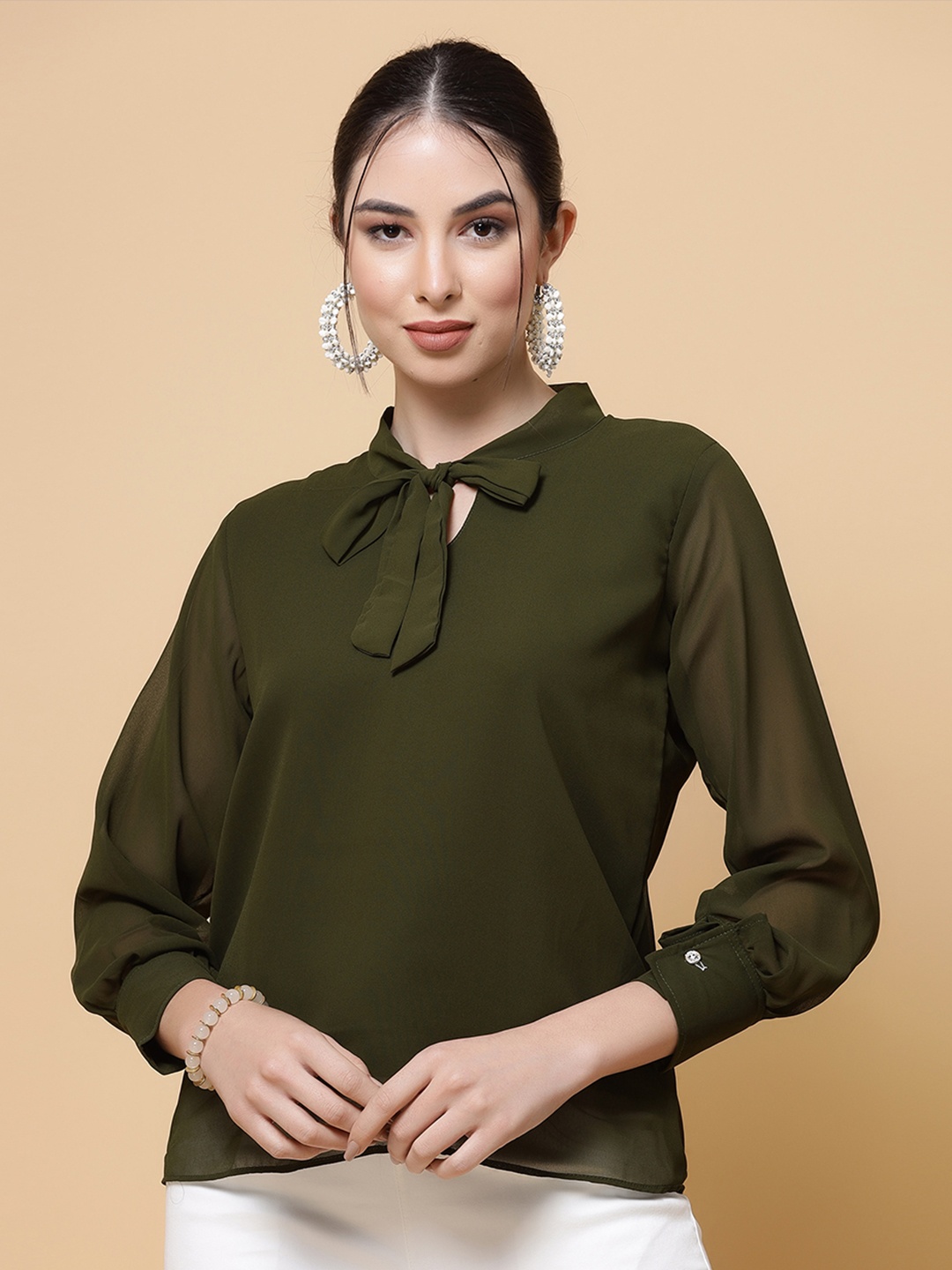 

MISS AYSE Tie Up Neck Cuffed Sleeves Georgette Top, Green