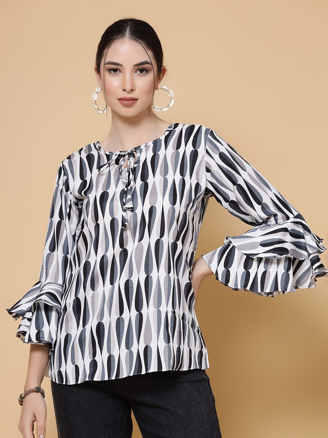 

MISS AYSE Abstract Printed Tie Up Neck Bell Sleeves Crepe Top, Black