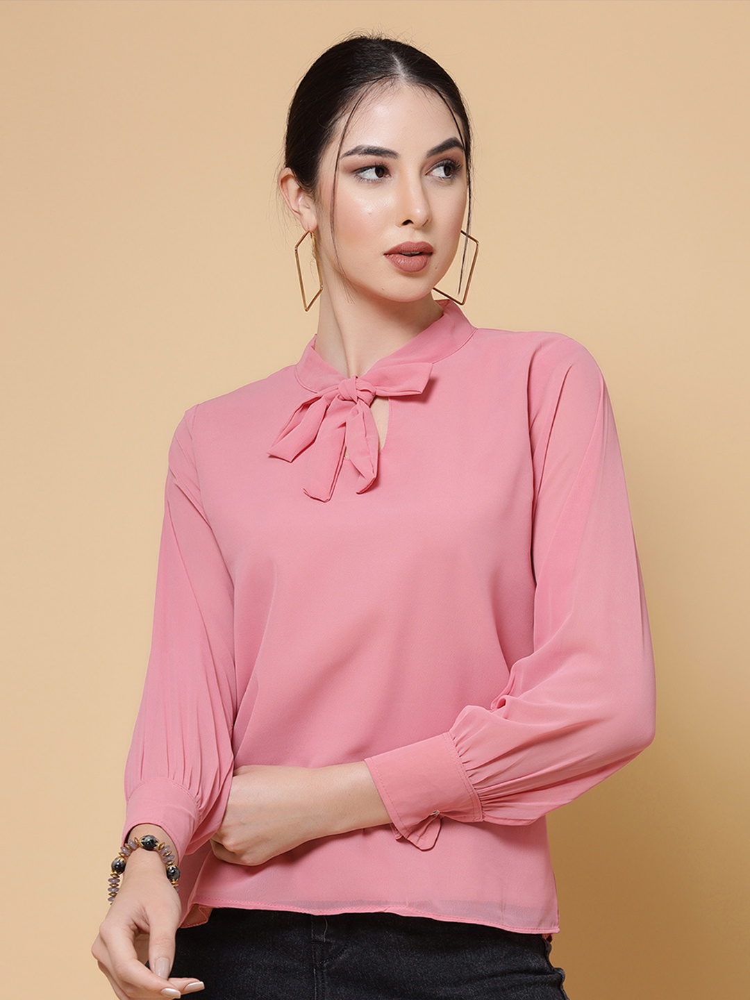

MISS AYSE Tie Up Neck Cuffed Sleeves Georgette Top, Pink
