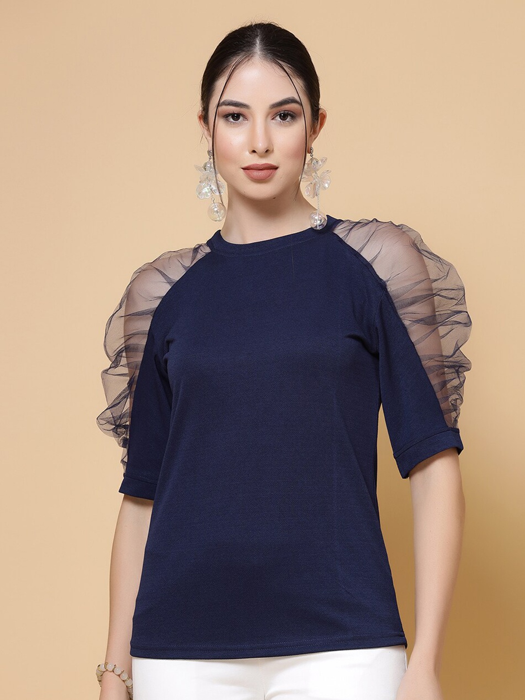 

MISS AYSE Round Neck Puff Sleeves Top, Blue
