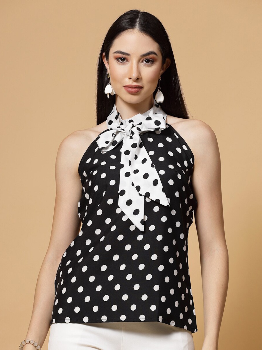 

MISS AYSE Polka Dots Printed Halter Neck Tie Ups Detail Crepe Top, Black