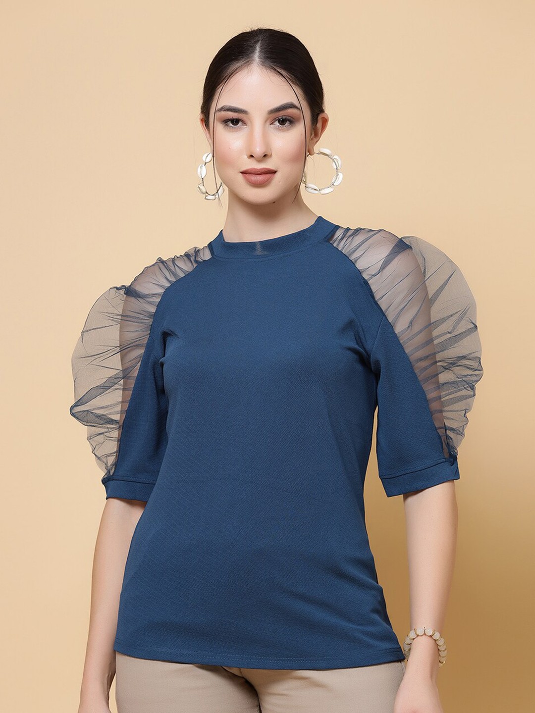 

MISS AYSE Round Neck Puff Sleeves Top, Blue