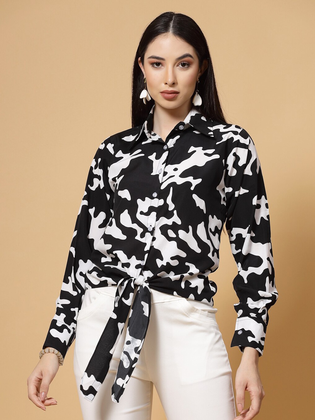 

MISS AYSE Cowhide Print Crepe Shirt Style Top, Black