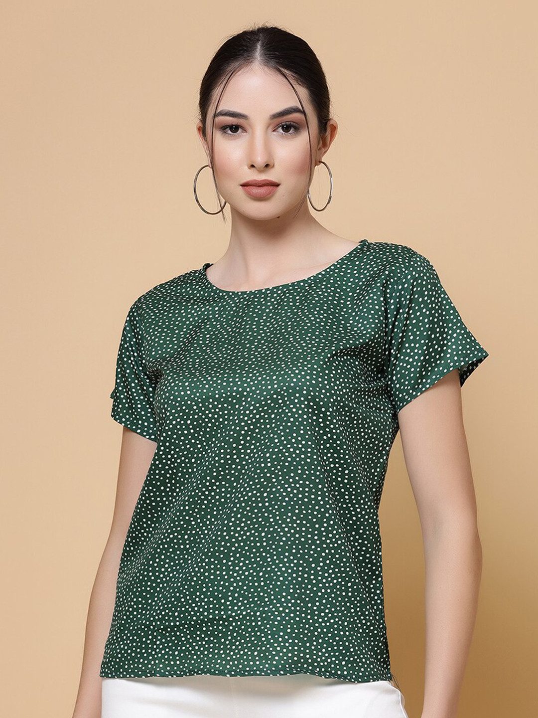 

MISS AYSE Polka Dot Print Round Neck Crepe Top, Green