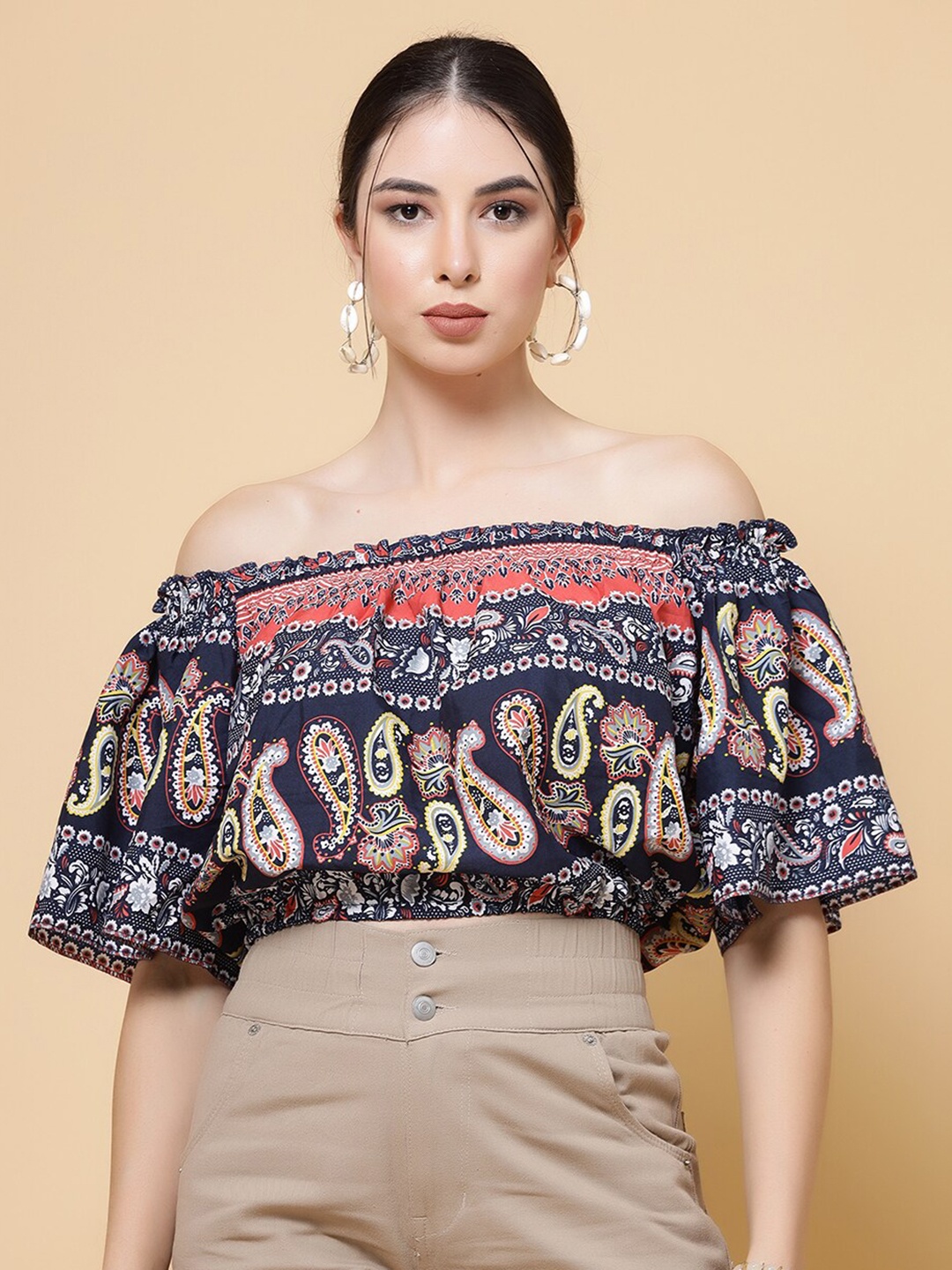 

MISS AYSE Paisley Print Off Shoulder Crepe Top, Navy blue