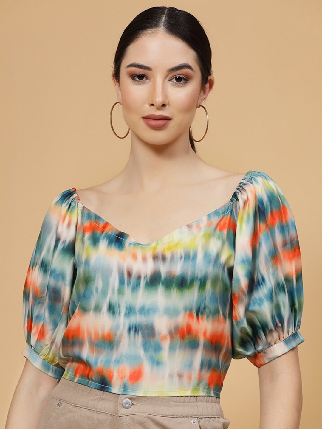 

MISS AYSE Tie & Dyed Puff Sleeve Crepe Top, Orange