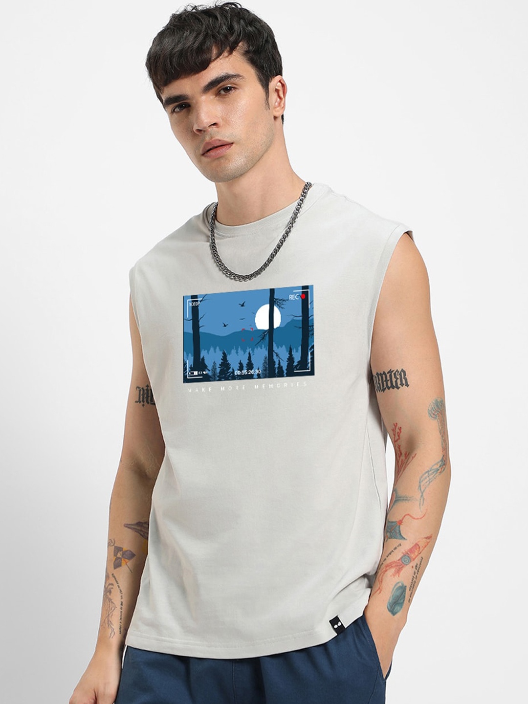 

Bewakoof Graphic Printed Sleeveless Pure Cotton T-Shirt, Grey